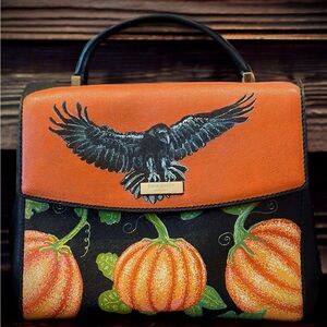Hand Painted Fall Halloween Raven & Pumpkin Crossbody Purse